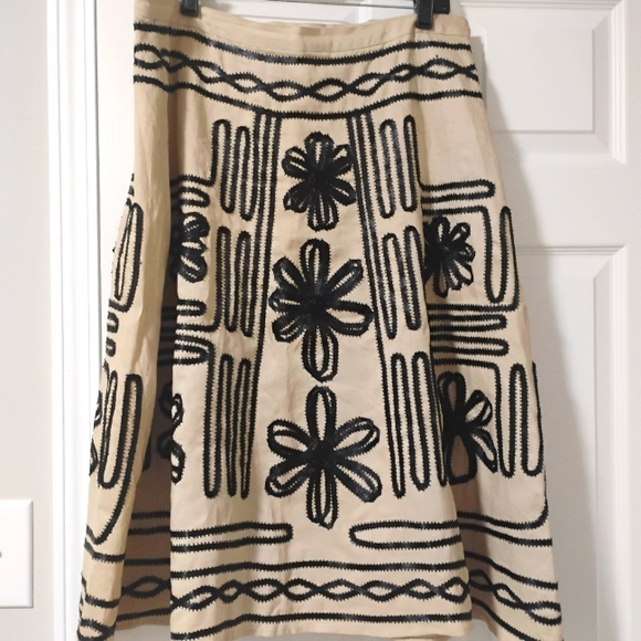 Cottage Core 90's Linen Beige Black Embroidered A-Line Boho Skirt 14 Festival - Picture 7 of 11
